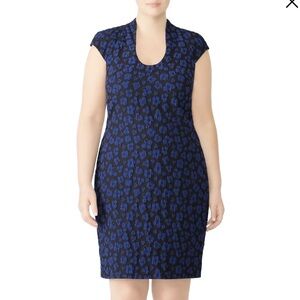 Badgley Mischka Jacquard Sheath Dress Sz 14 Floral Black Blue Scoop Neck Pencil